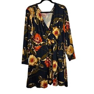 A Beautiful Soul Navy Blue Floral Wrap Dress Long Sleeve Size 2X Boho Stretch